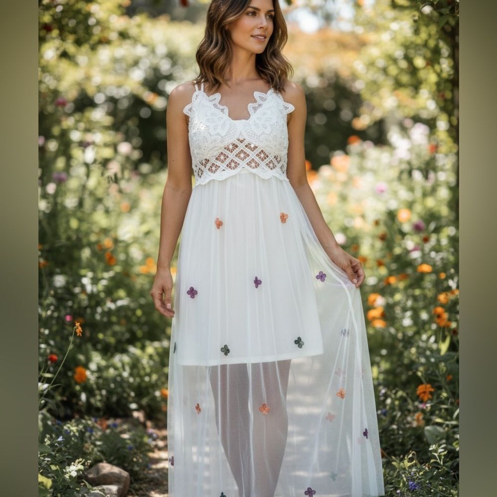 Rebellion Again White Lace Embroidered Maxi Dres XL